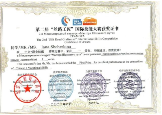 第二届丝路工匠国际技能大赛一等奖